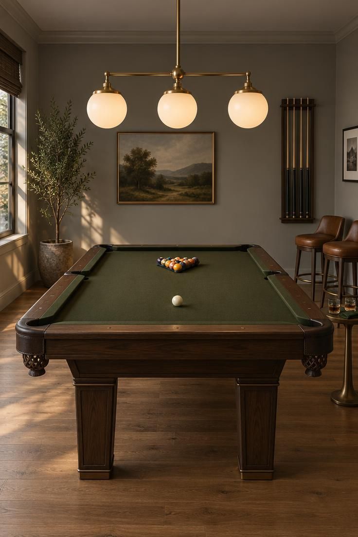 Residential game room with a dark olive felt pool table under a brass three-arm pendant with frosted globes, brown leather bar stools set back near a side wall, a dark wood cue rack on the background wall, and oak flooring under soft gray walls.
