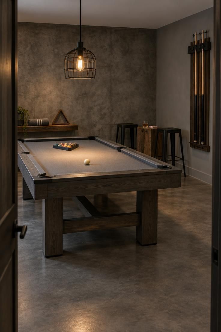 Residential man cave pool room with a gray cloth pool table, a concrete-look wall behind it, a single black metal cage pendant with an exposed warm bulb over the table, two slim black metal stools in the far corner beside a reclaimed wood side table, and a dark wood cue rack on the adjacent wall.