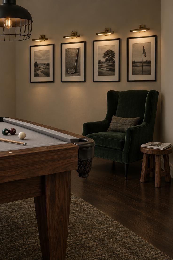 Close-up of a residential game room showing the corner of a light gray felt pool table on walnut legs, a deep green velvet wingback chair beneath four identical black frames with white mats lit by brass picture lights, a warm off-white wall, dark flooring, and a low wooden stool beside the chair.