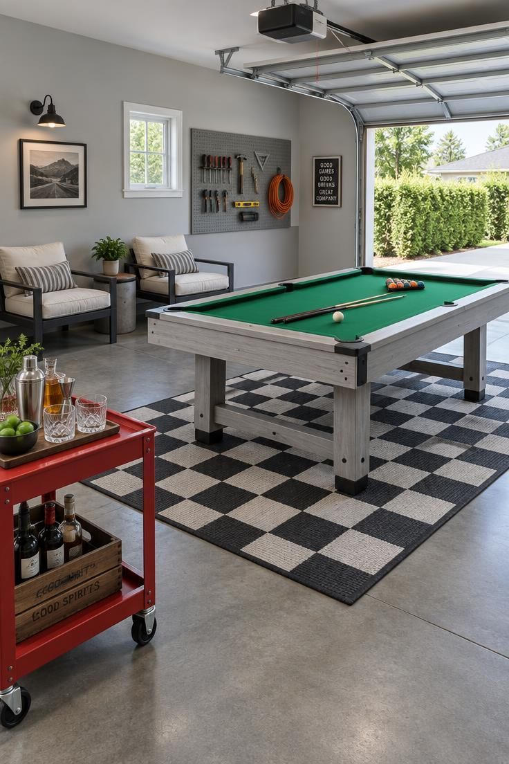 Converted residential garage bay with a light gray pool table with green felt on a black-and-white checkered roll-out mat, a red metal workshop cart with open shelves used as a drink bar, two wide canvas armchairs against a side wall, an open garage door showing a residential driveway, and smooth concrete gray flooring.
