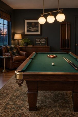 11 Bold Man Cave Pool Room Ideas for a Dramatic Game Night 21 Cozy residential man cave pool room at dusk with a deep green felt pool table under a brass three-globe pendant, a leather club chair with a plaid throw, a round side table with glasses, a slim walnut cue rack on a charcoal wall, and warm lamplight against cool window daylight.