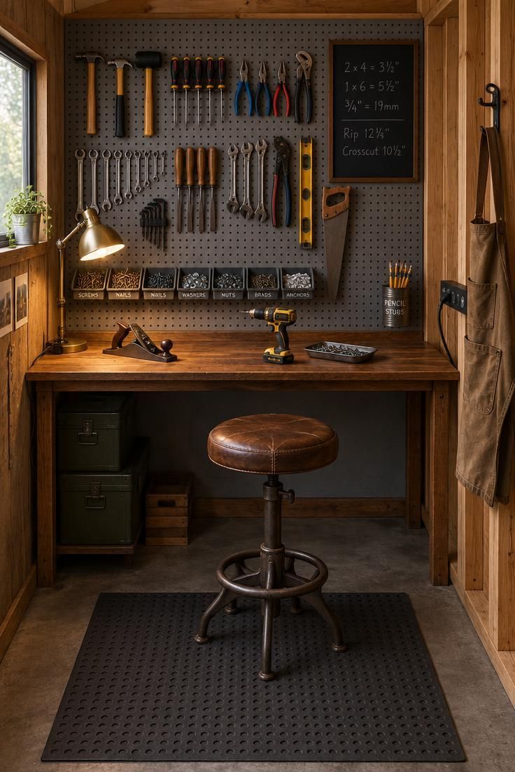 13 Cozy Man Cave Shed Ideas for a Quiet Backyard Escape 1 A small shed workshop with a gray pegboard tool wall, a walnut-stained plywood workbench, a leather shop stool, and a rubber mat on sealed concrete, lit by a warm clamp lamp.