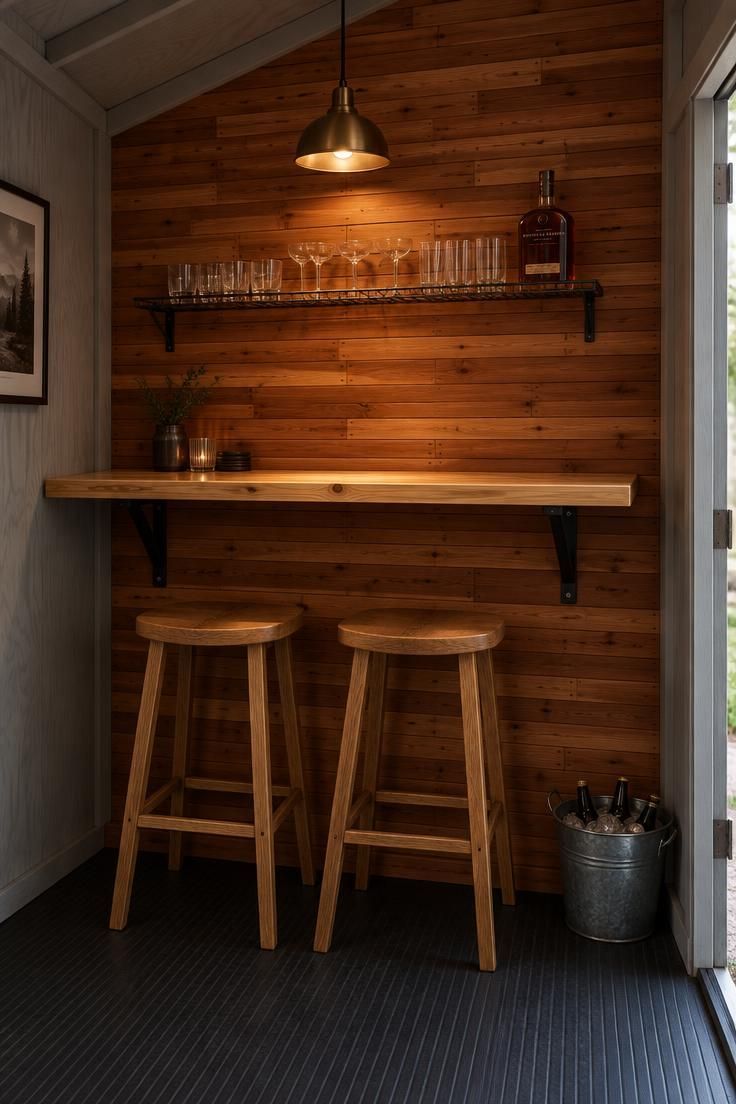 13 Cozy Man Cave Shed Ideas for a Quiet Backyard Escape 2 A shed bar corner with a cedar slat wall, a pine bar top on black brackets, two oak stools, and a brass pendant lamp over the counter, with glassware and a whiskey bottle on a wire shelf.