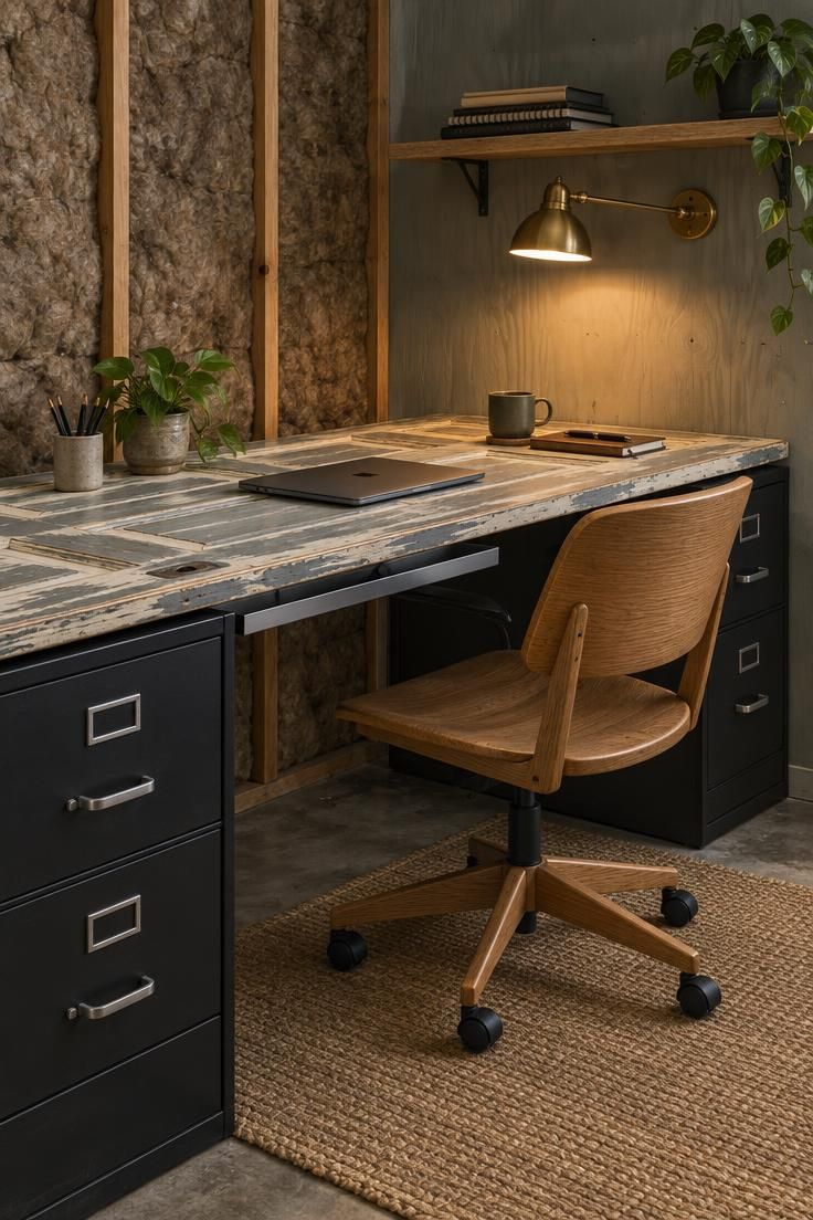 13 Cozy Man Cave Shed Ideas for a Quiet Backyard Escape 3 A desk built from a reclaimed door on black file cabinets, with a brass lamp illuminating stacked notebooks, exposed insulation and painted plywood behind, and a sisal rug under an oak chair.