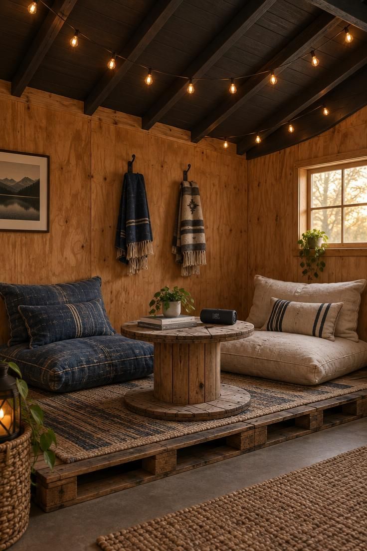 13 Cozy Man Cave Shed Ideas for a Quiet Backyard Escape 4 A low shed lounge with a charcoal ceiling, string lights across exposed rafters, a pallet platform with indigo and natural canvas floor cushions, and a cable spool table holding books and a speaker.