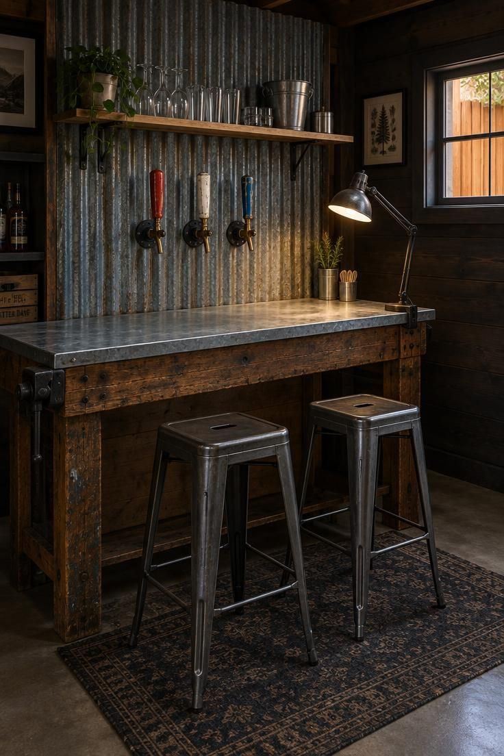 13 Cozy Man Cave Shed Ideas for a Quiet Backyard Escape 5 A shed bar with a corrugated metal back wall, a pine shelf of glassware, tap handles on black pipe flanges, and a zinc-topped wooden workbench bar with two metal stools under a clamp lamp.