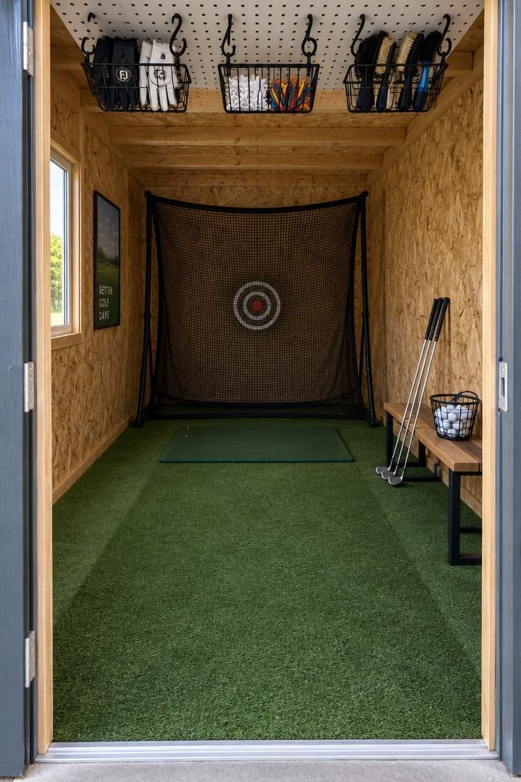 13 Cozy Man Cave Shed Ideas for a Quiet Backyard Escape 6 A narrow shed golf bay with a pegboard ceiling rack holding wire baskets, artificial turf on the floor, a hitting net against the back wall, and a low bench with clubs and practice balls.