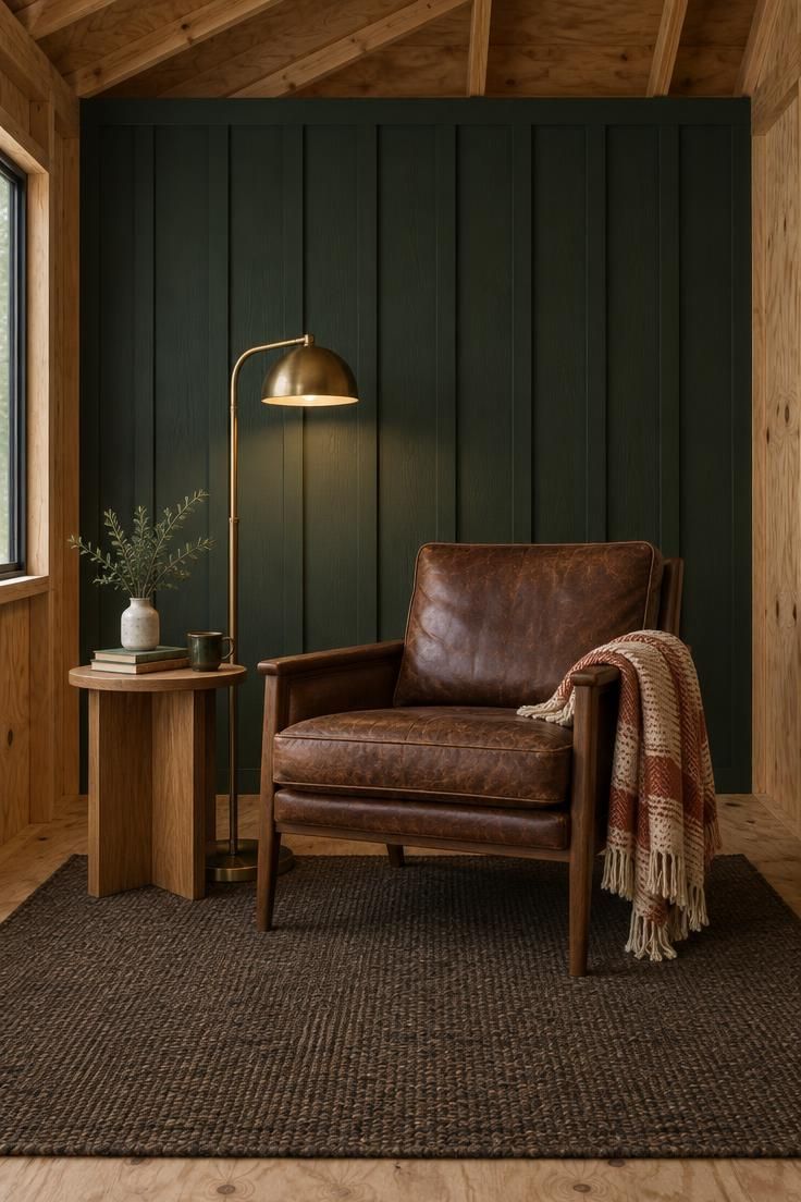 13 Cozy Man Cave Shed Ideas for a Quiet Backyard Escape 7 A shed reading corner with a deep green board-and-batten wall, a worn brown leather lounge chair, an oak side table, a brass floor lamp, a cream and rust throw, and a dark sisal rug against plywood walls.