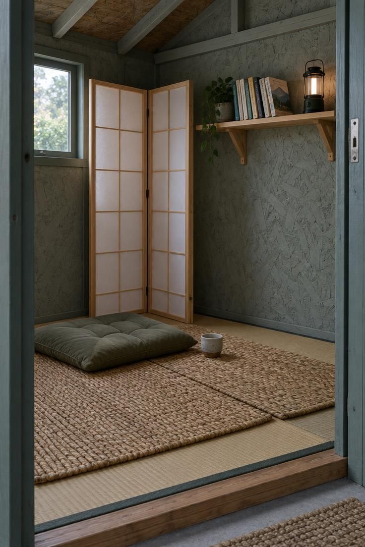 13 Cozy Man Cave Shed Ideas for a Quiet Backyard Escape 9 A tatami mat corner with a folding pine screen, a low floor cushion, a ceramic cup, and a wall shelf holding paperbacks and a lantern, inside a shed with painted OSB walls and exposed rafters.