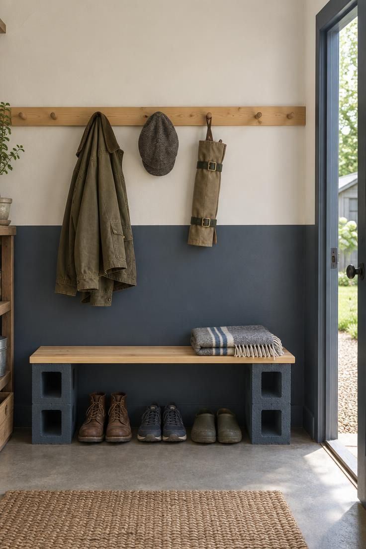 13 Cozy Man Cave Shed Ideas for a Quiet Backyard Escape 10 A shed wall with two-tone off-white and deep blue-gray paint divided by a pine peg rail holding a jacket, cap, and tool roll, with a cinder block and pine board bench below.