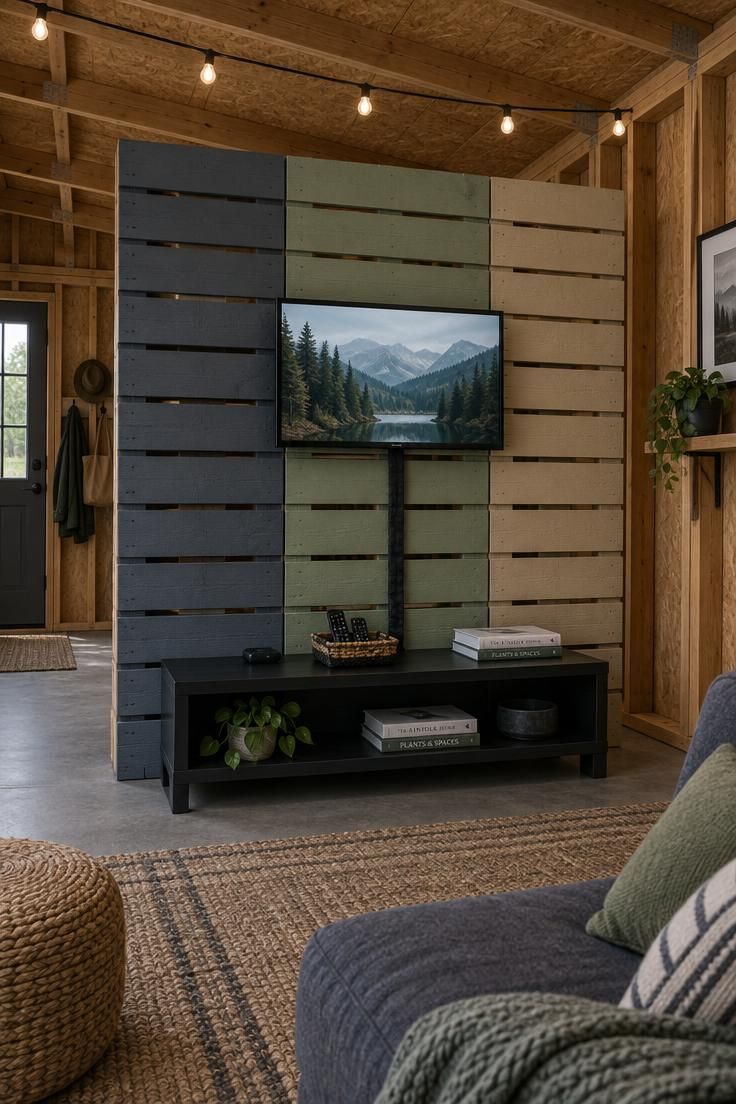 13 Cozy Man Cave Shed Ideas for a Quiet Backyard Escape 11 A shed room divider made from three painted pallets in slate, sage, and sand tones with a small TV mounted to the center pallet, a low black media bench in front, and string lights overhead.
