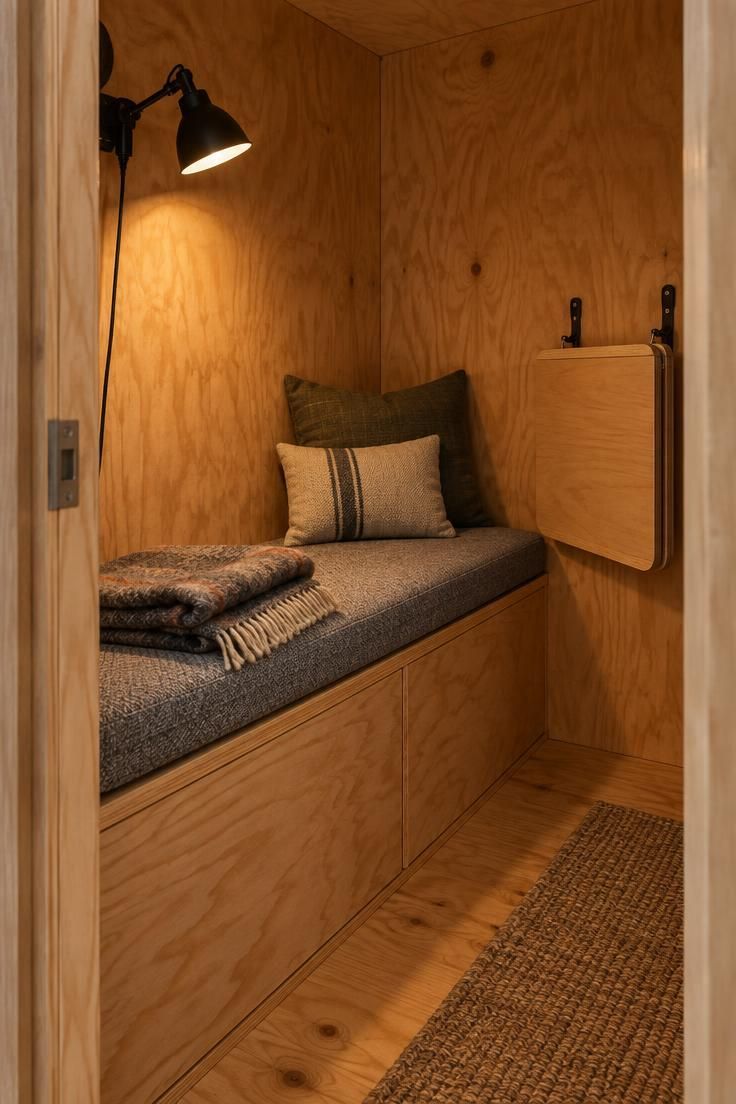 13 Cozy Man Cave Shed Ideas for a Quiet Backyard Escape 12 A built-in bench seat with a padded gray indoor-outdoor cushion along a short shed wall, with a folding table hanging on hooks nearby and a clamp lamp lighting the bench.
