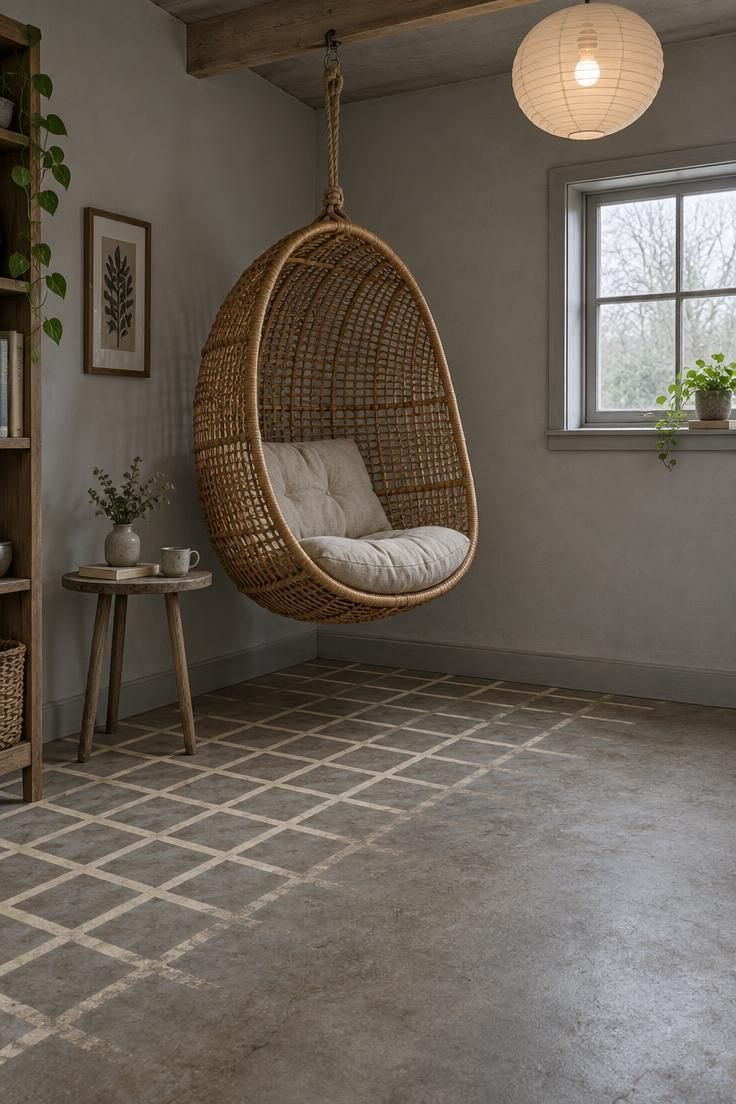 13 Cozy Man Cave Shed Ideas for a Quiet Backyard Escape 13 A shed corner with a cream stenciled grid on the concrete floor, a woven rattan hanging chair with an oatmeal cushion, a small side table, pale gray walls, and a paper-shaded bulb.