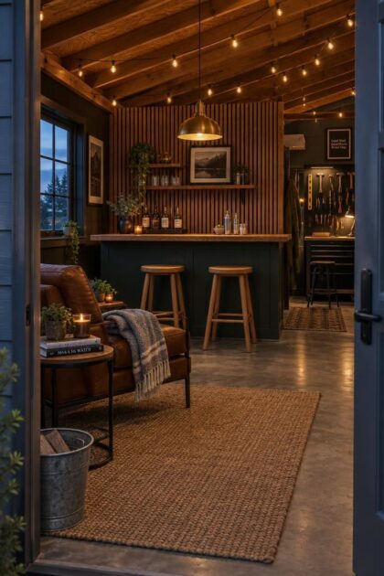 13 Cozy Man Cave Shed Ideas for a Quiet Backyard Escape An evening view into a man cave shed with a cedar slat bar wall, two oak stools, a brass pendant lamp, string lights on exposed rafters, a leather lounge chair, and a pegboard tool wall at the far end.
