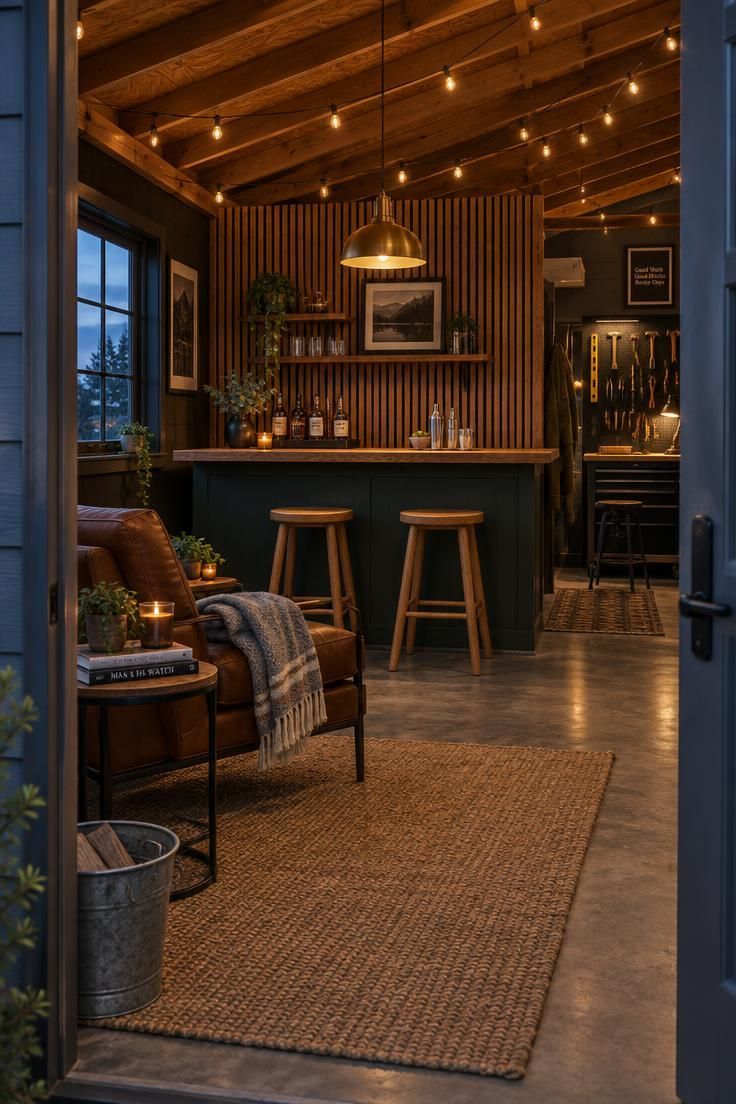 Simple Spaces 18 An evening view into a man cave shed with a cedar slat bar wall, two oak stools, a brass pendant lamp, string lights on exposed rafters, a leather lounge chair, and a pegboard tool wall at the far end.