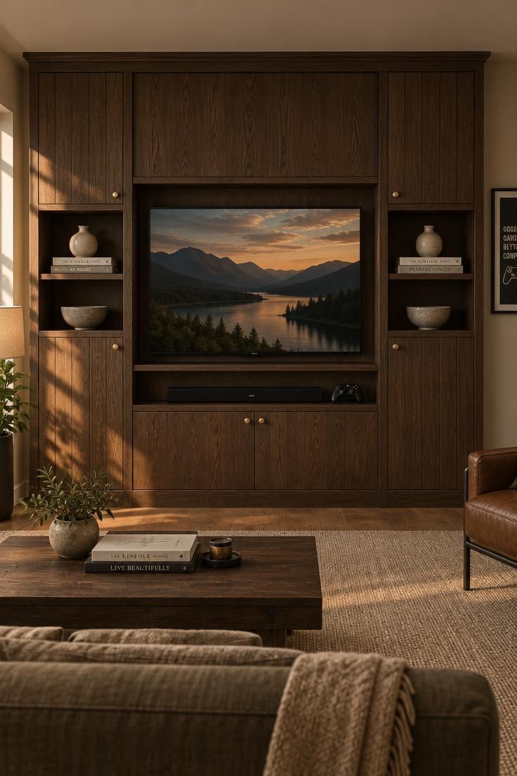 A floor-to-ceiling dark oak built-in media unit with a television in a recessed central niche, symmetrical cabinets on both sides, open shelves holding neutral objects, and a soundbar on the lower console shelf.