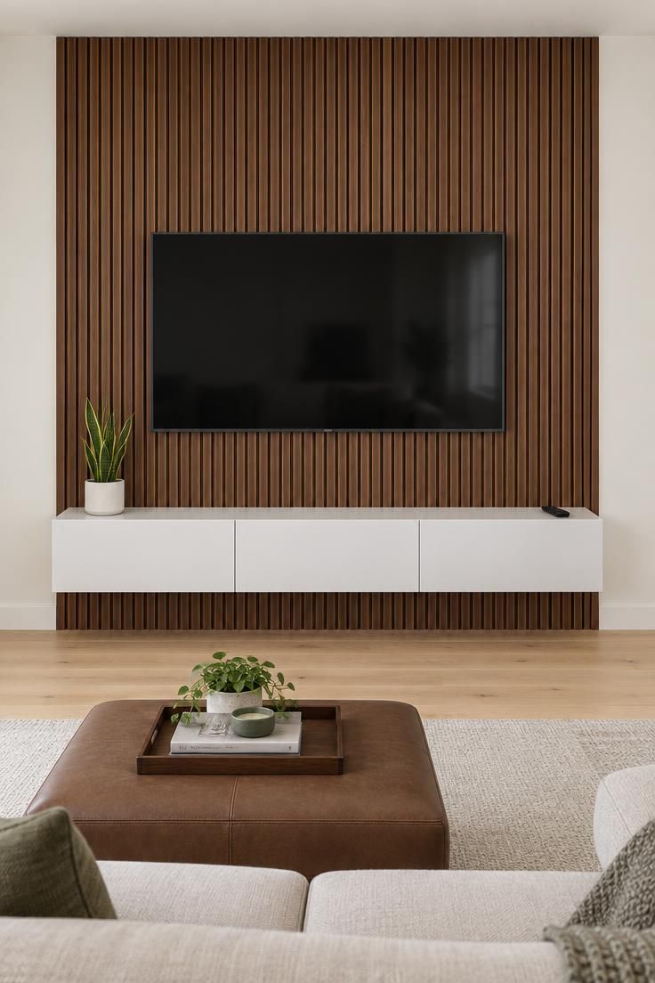 A full wall of vertical walnut slats behind a wall-mounted television, with a low white floating console beneath, a small snake plant at one end, and warm white flanking walls.
