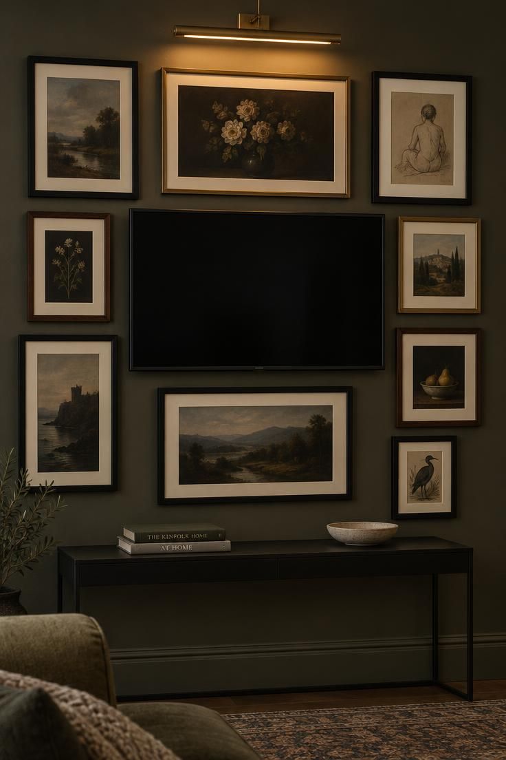 A close view of a gallery wall around a black-framed television, with ten pieces of dark-toned art in black, brass, and walnut frames, a slim console below, and olive gray walls.