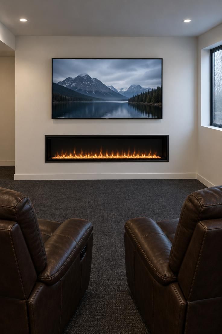 A wide view of a smooth white plastered wall with a television mounted above a long linear electric firebox with black glass and dark steel trim, with two brown leather recliners facing the wall.