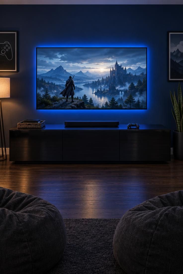 A matte navy wall behind a television with a cool blue LED glow outlining the screen, a low glossy black console with push-to-open doors, and a soundbar and controller on top.