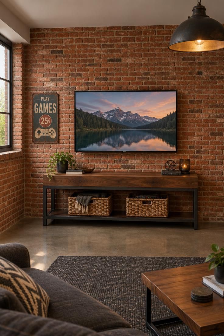 A television mounted on a full floor-to-ceiling red brick wall, with a walnut and blackened steel console below holding two woven baskets and a vintage metal sign to the left.
