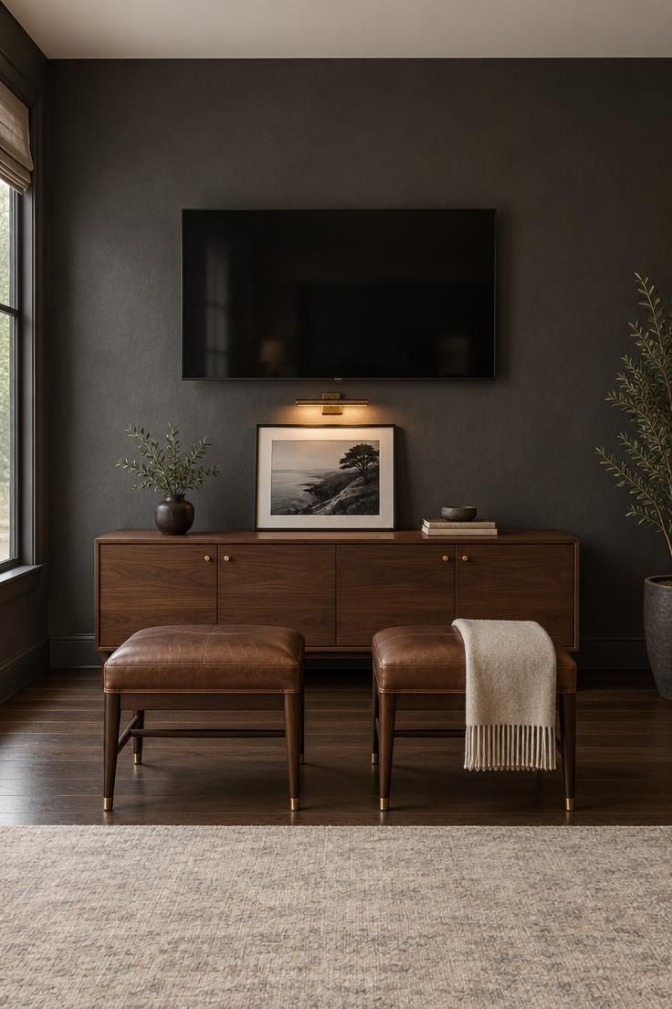 A deep charcoal matte wall with a wall-mounted television, a low walnut credenza with brass pulls, two brown leather stools, and a small framed photo lit by a picture light.