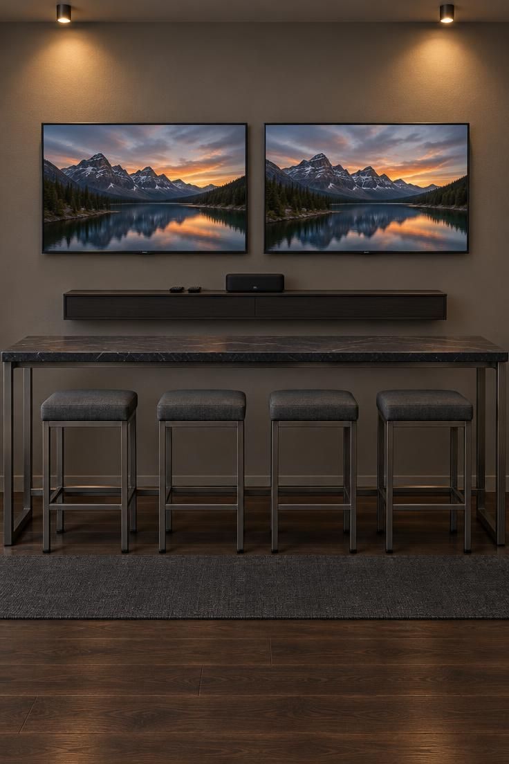 Two identical televisions mounted side by side on a warm gray wall above a bar-height console with a black stone top, four metal stools, and one shared floating shelf holding remotes.