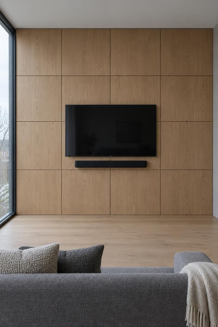 A flat oak paneling grid forming a large square pattern across a media wall, with a television and slim soundbar centered on the middle panel and a low gray sofa below.