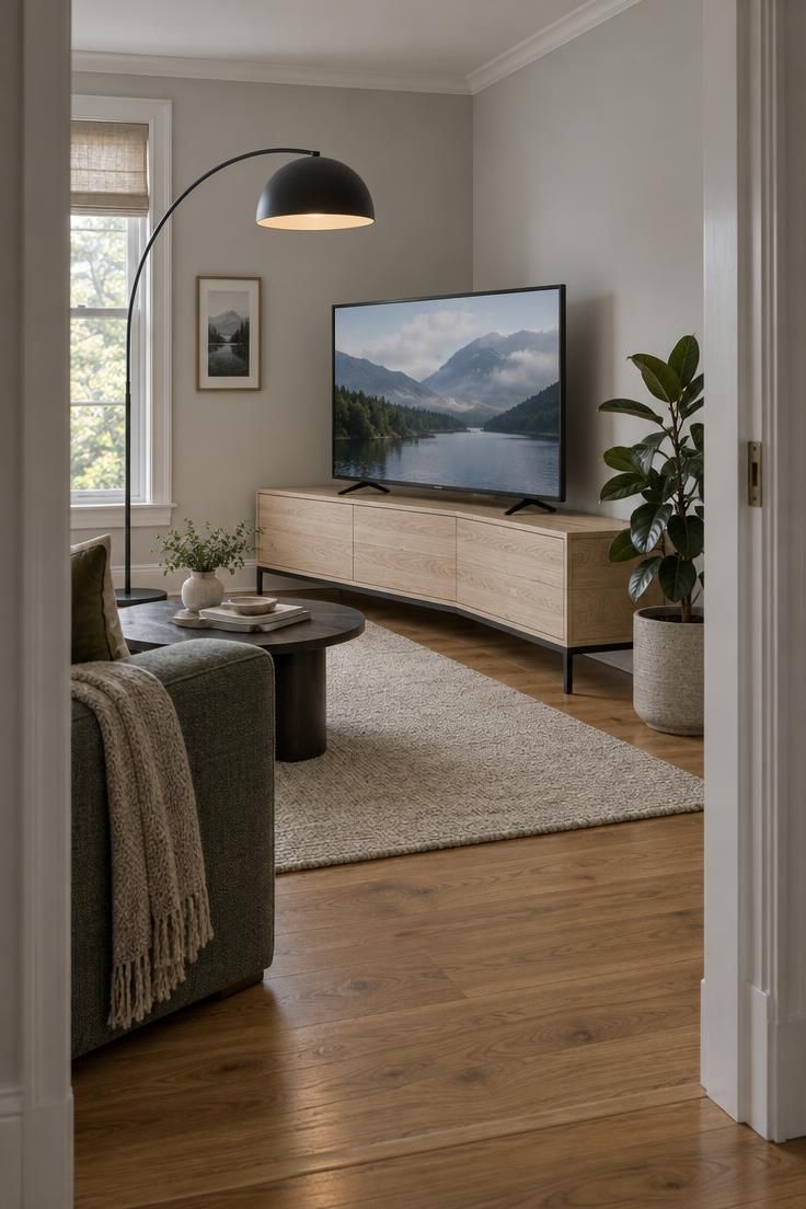 A television on a low angled pale ash console placed diagonally across a light gray room corner, with a tall black arc floor lamp to the left and a potted rubber plant to the right.