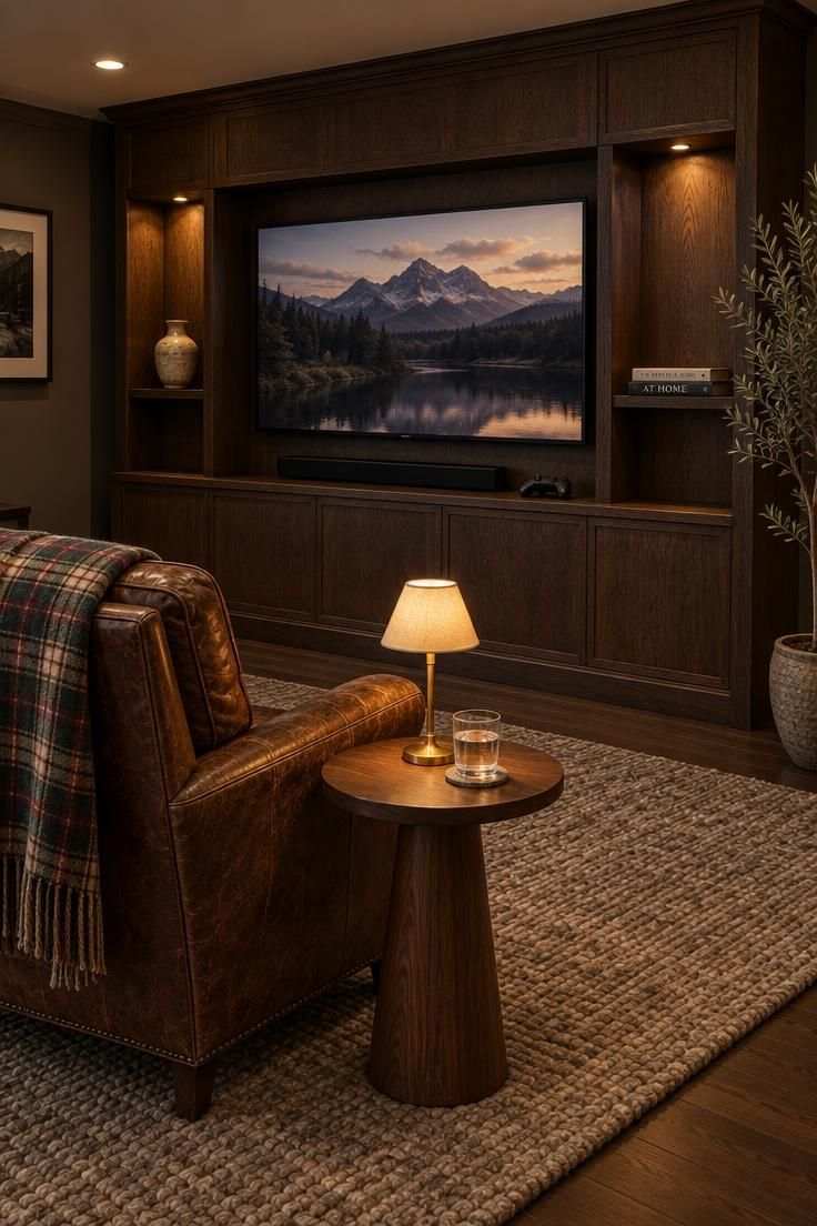 Simple Spaces 25 A cozy evening view of a dark oak built-in media wall with a television in a recessed niche, open shelves holding ceramics and books, a leather armchair with a plaid throw, and a warm brass table lamp on a walnut side table.