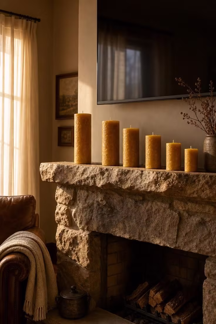Thick beeswax pillar candles arranged in descending height along a stone mantel ledge below a wall-mounted television