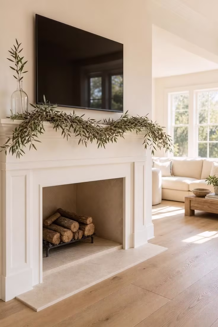 Fresh olive branch garland draped across a white wood mantel beneath a mounted television in a bright sunlit room