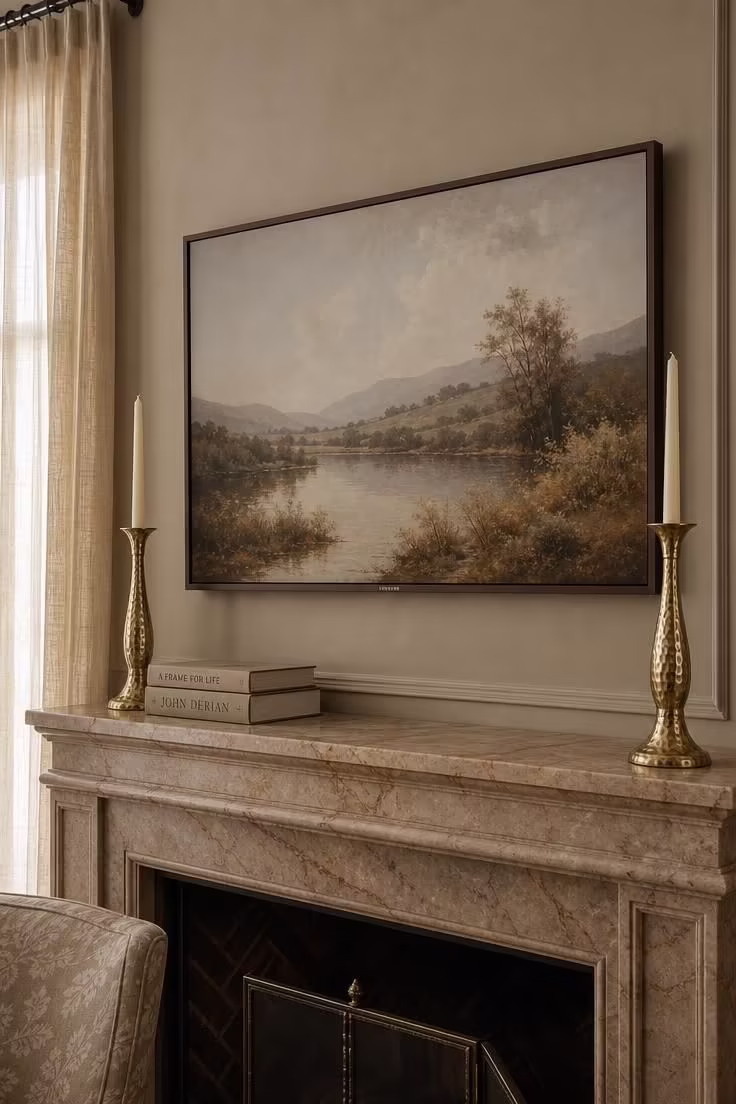 Two hammered brass candlesticks flanking a Frame TV displaying a landscape painting on a marble mantel