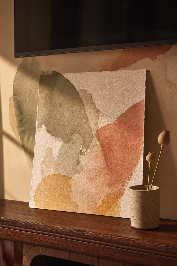 A large unframed watercolor print leaned against the wall on a walnut mantel behind a mounted television