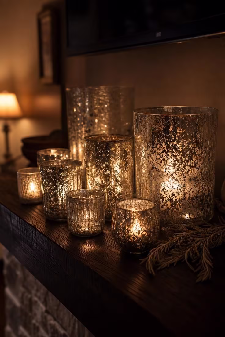 A cluster of mercury glass votives at varying heights on a dark oak mantel shelf with a TV in soft focus above