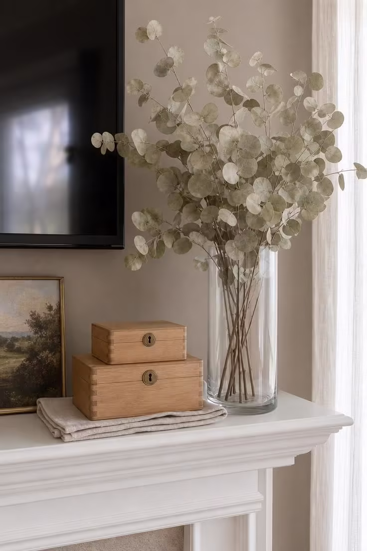 Dried eucalyptus stems in a clear glass cylinder beside stacked wooden boxes on a white mantel below a TV