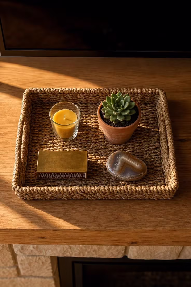 A seagrass basket tray holding a votive, succulent, matchbox, and agate stone on a wood mantel below a TV