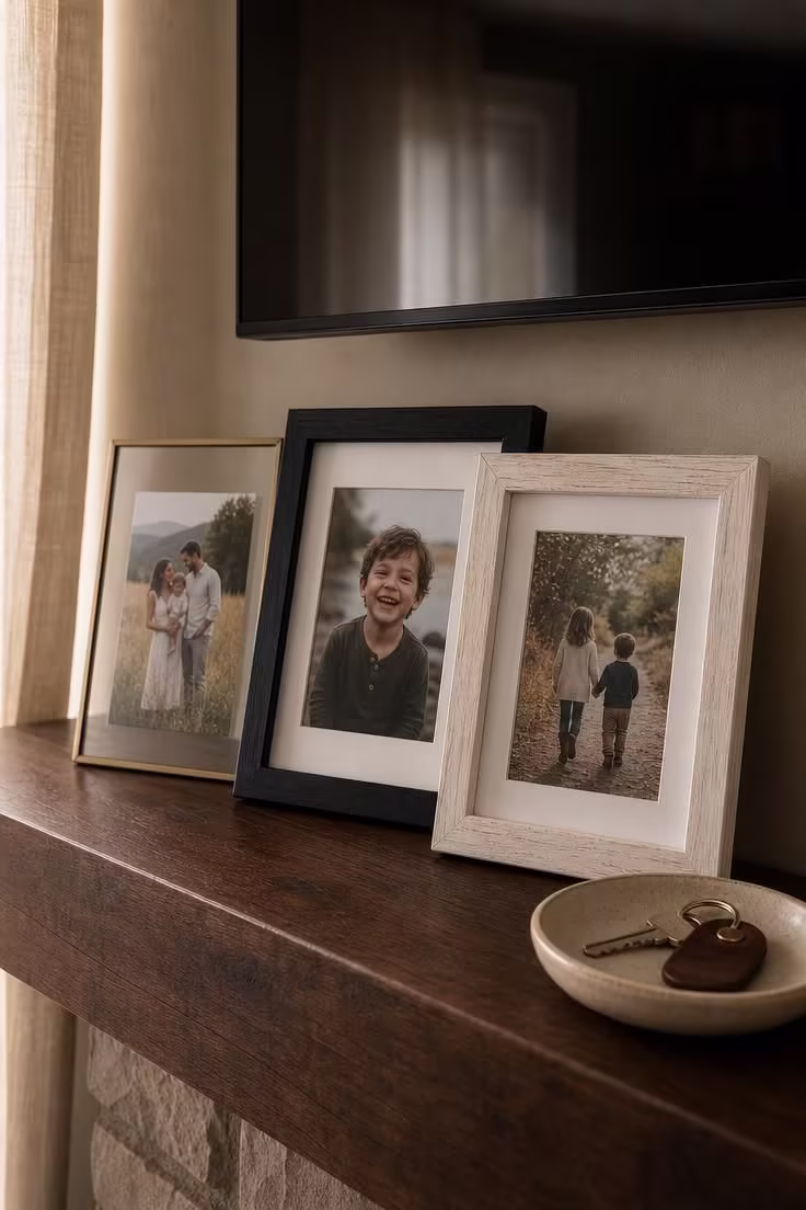 Three mismatched framed family photos leaned in a casual row on a walnut mantel beneath a mounted TV