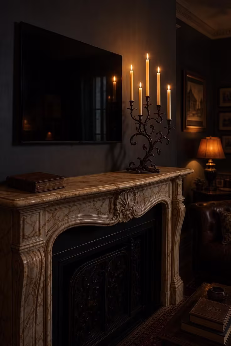A wrought iron candelabra with ivory taper candles on a carved marble mantel beneath a TV in a moody evening-lit room