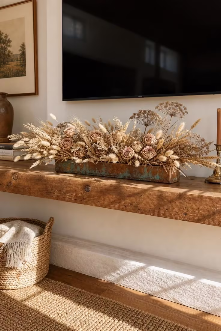 A long horizontal dried floral arrangement in earth tones spanning a honey-toned wood mantel below a mounted TV