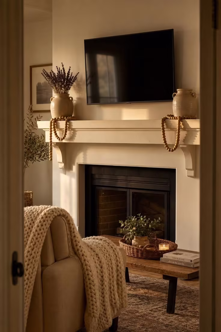 Two matching oatmeal-glazed ceramic crocks bookending a TV on a cream mantel with wooden bead strands draped beside them