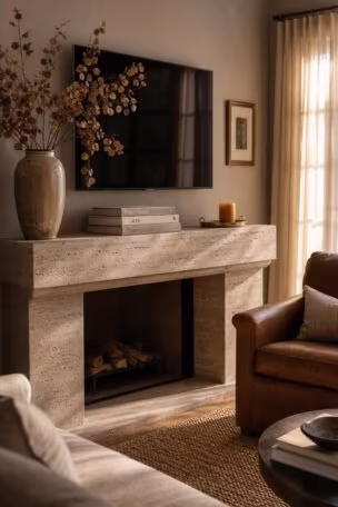 A styled stone fireplace mantel with dried eucalyptus, linen-wrapped books, and a brass tray below a wall-mounted TV in a warm living room