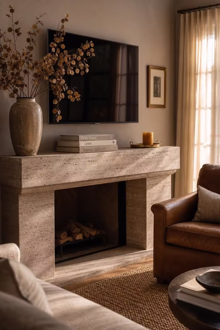 A styled stone fireplace mantel with dried eucalyptus, linen-wrapped books, and a brass tray below a wall-mounted TV in a warm living room