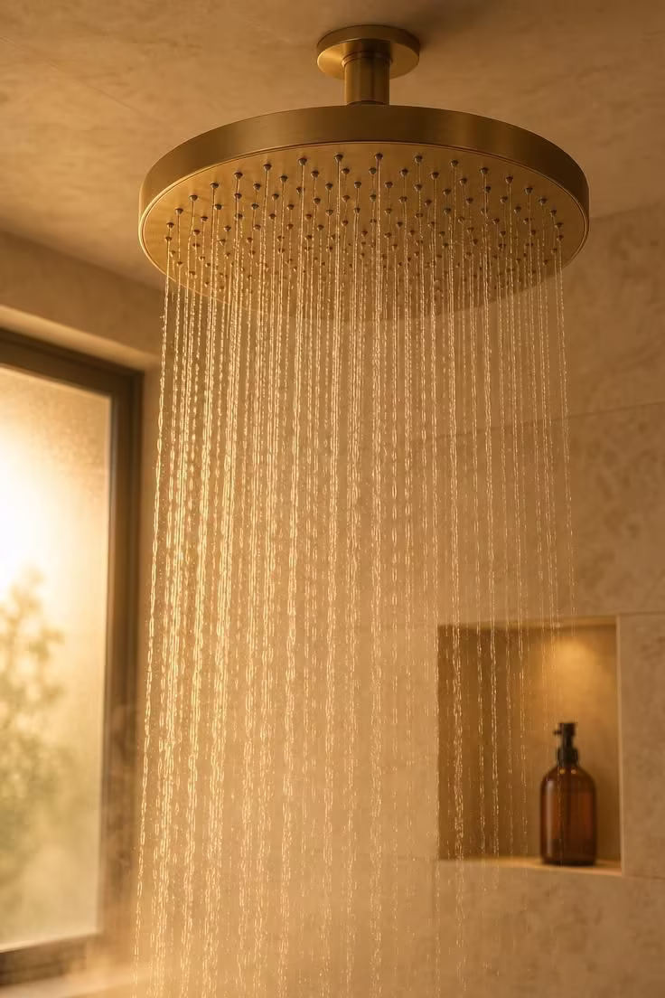 9 Low-Lift Updates That Make Master Bathrooms With Walk In Showers Feel Like a Spa Retreat 1 A brushed brass rainfall showerhead mounted to the ceiling of a walk in shower, with water streaming down and warm golden light filtering through a frosted window
