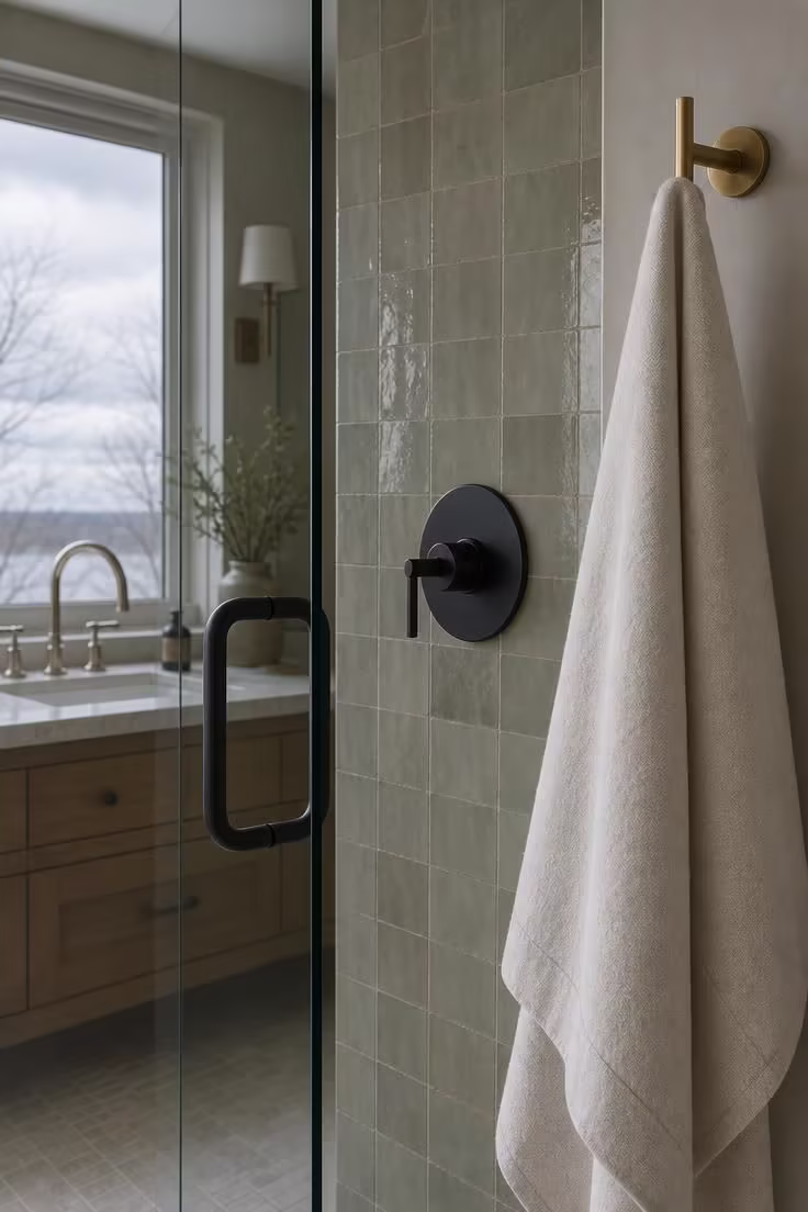 9 Low-Lift Updates That Make Master Bathrooms With Walk In Showers Feel Like a Spa Retreat 2 A master bathroom corner showing matte black shower hardware, a brushed brass towel hook, and a polished nickel faucet, all visible within the same frame under cool overcast light