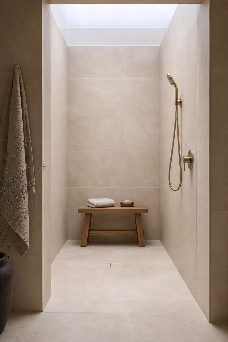 9 Low-Lift Updates That Make Master Bathrooms With Walk In Showers Feel Like a Spa Retreat 4 A freestanding teak shower bench inside a walk in shower with large format sandstone tile walls, a folded washcloth and pumice stone resting on the bench under soft diffused skylight
