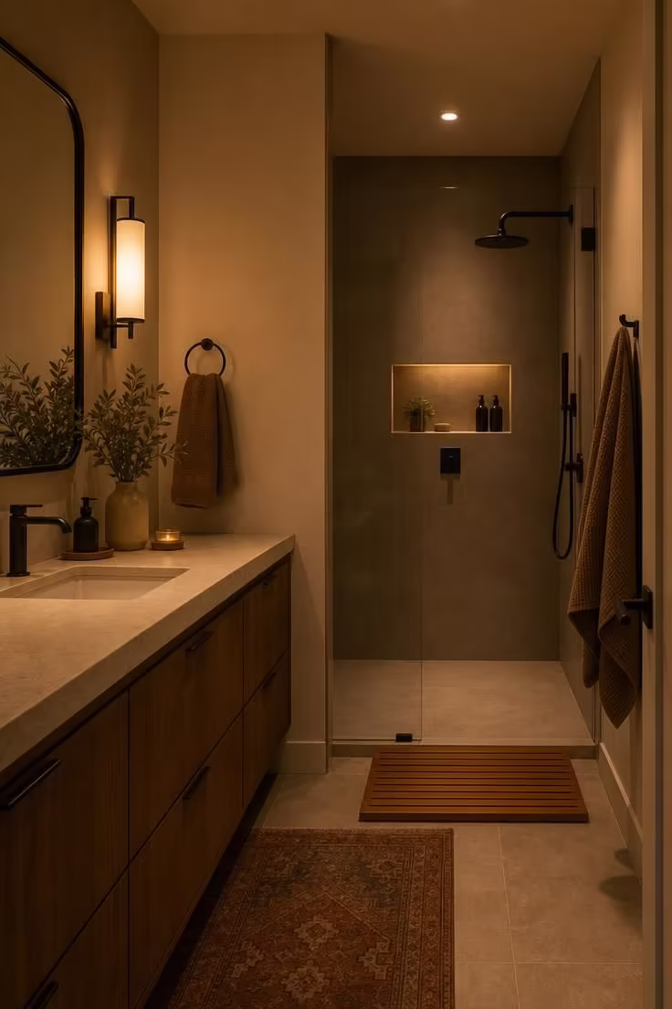 9 Low-Lift Updates That Make Master Bathrooms With Walk In Showers Feel Like a Spa Retreat 6 A master bathroom at evening with warm dimmed lighting casting a soft amber wash from the vanity toward a curbless walk in shower, a lighted niche glowing inside the shower