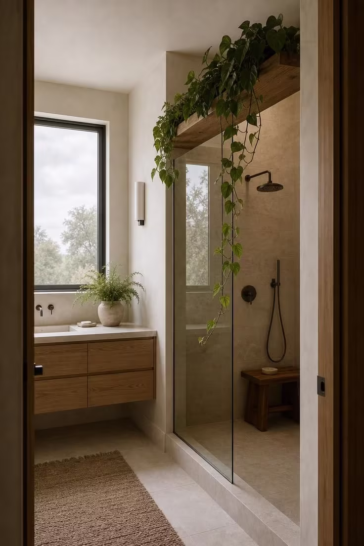 9 Low-Lift Updates That Make Master Bathrooms With Walk In Showers Feel Like a Spa Retreat 7 A master bathroom viewed from the doorway, a trailing pothos plant on a high shelf above the walk in shower entry and a small fern on the vanity, with cool morning light and warm neutral tones throughout