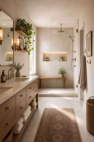 A complete master bathroom with a walk in shower featuring a teak bench, lighted niche, and rainfall showerhead, coordinated mixed metal hardware, a trailing plant, and rolled white towels, all bathed in soft diffused afternoon light