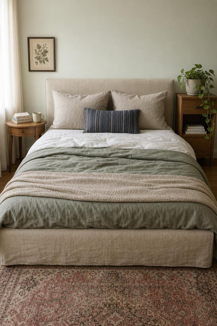 13 Master Bedrooms Ideas for Couples That Feel Lived-In 1 A linen-wrapped bed frame in a master bedroom with mismatched vintage nightstands on each side and soft diffused light filling the space.